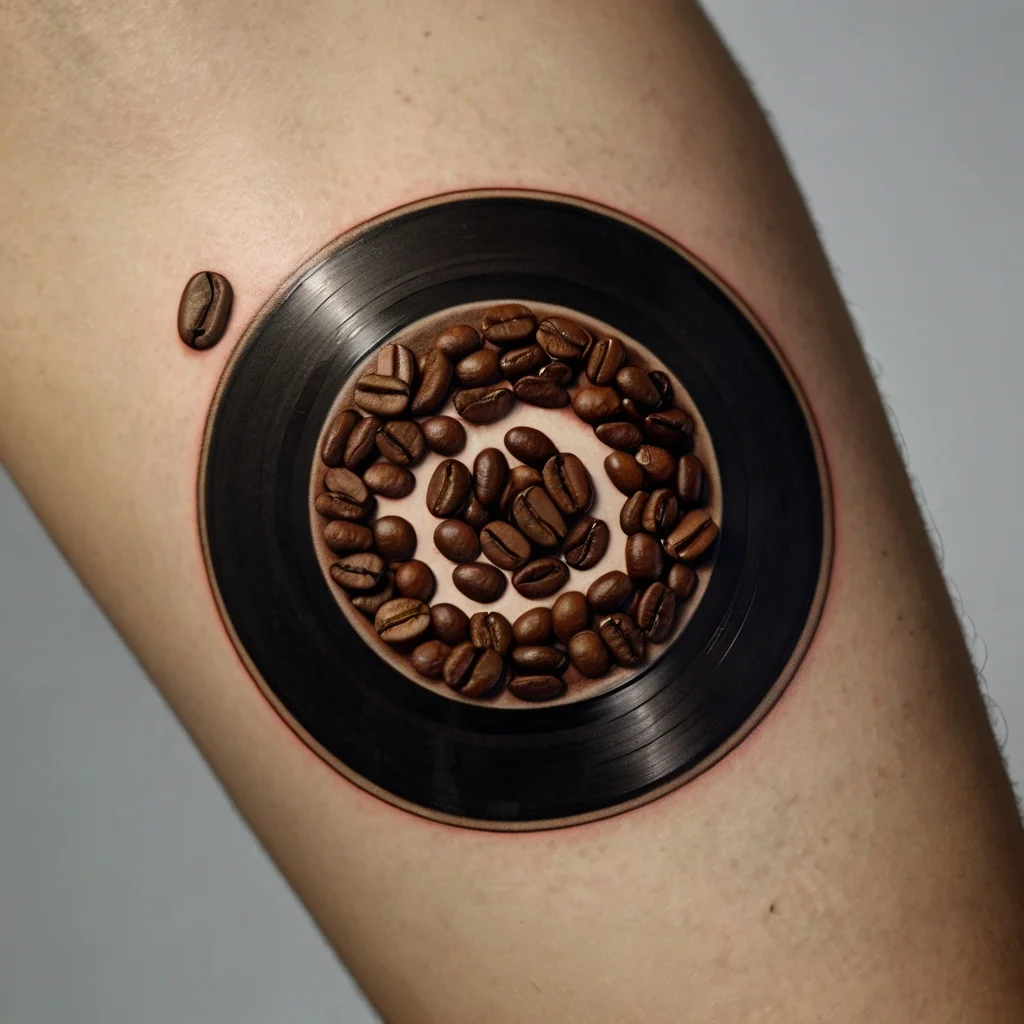 A tattoo of a vinyl record with coffee beans spiraling on top, blending music and coffee themes in realistic detail.