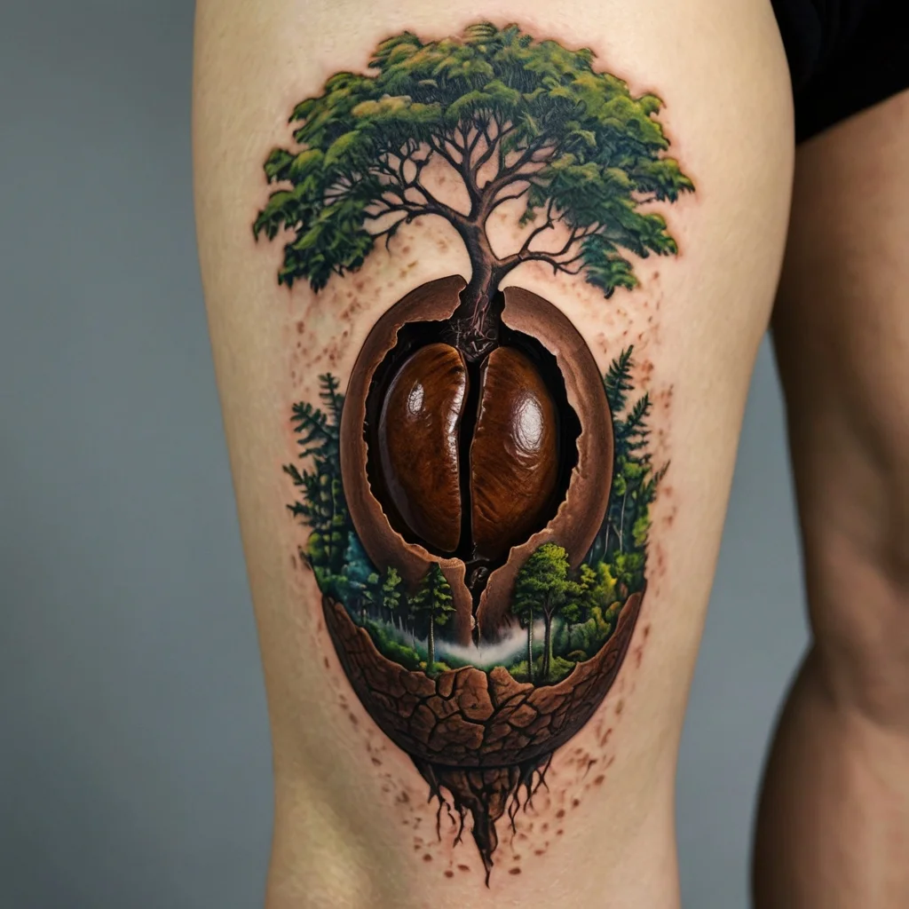 Tattoo of a realistic tree growing from a cracked seed, with detailed roots and forest, symbolizing growth and nature.