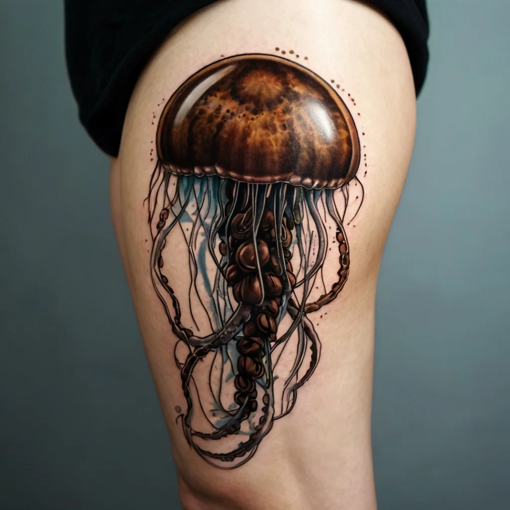 A realistic jellyfish tattoo with intricate tentacles and a glossy dome, featuring shades of brown and blue on the skin.