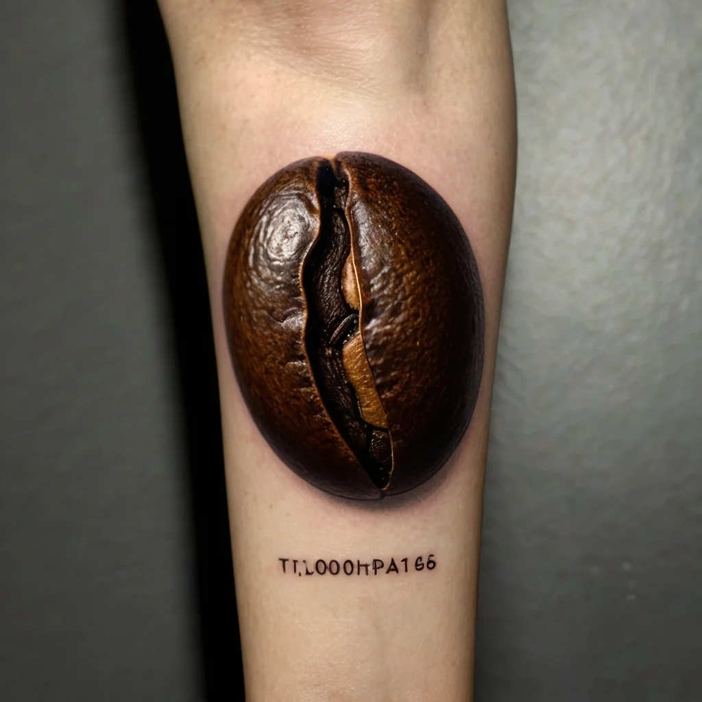 Hyper-realistic coffee bean tattoo with deep textures, paired with cryptic, scientific-style text below.