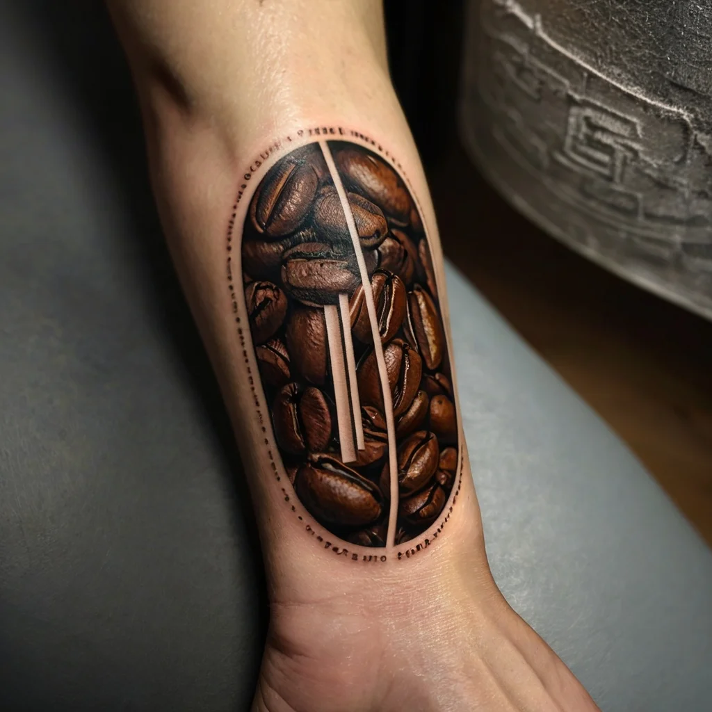 Realistic coffee beans tattoo with a vertical white line, symbolizing a cut view, on inner forearm.