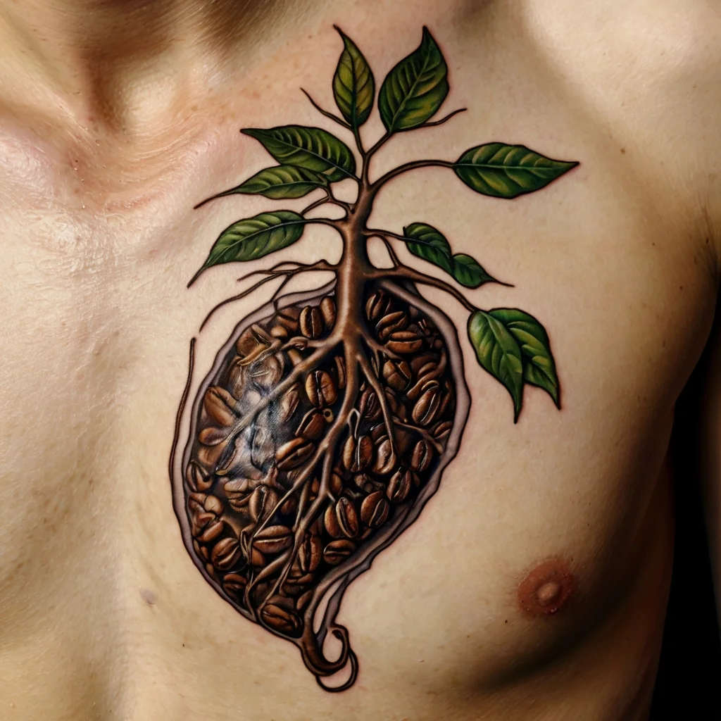 Chest tattoo of a coffee plant with roots intertwining beans, vibrant green leaves, and detailed shading for depth.