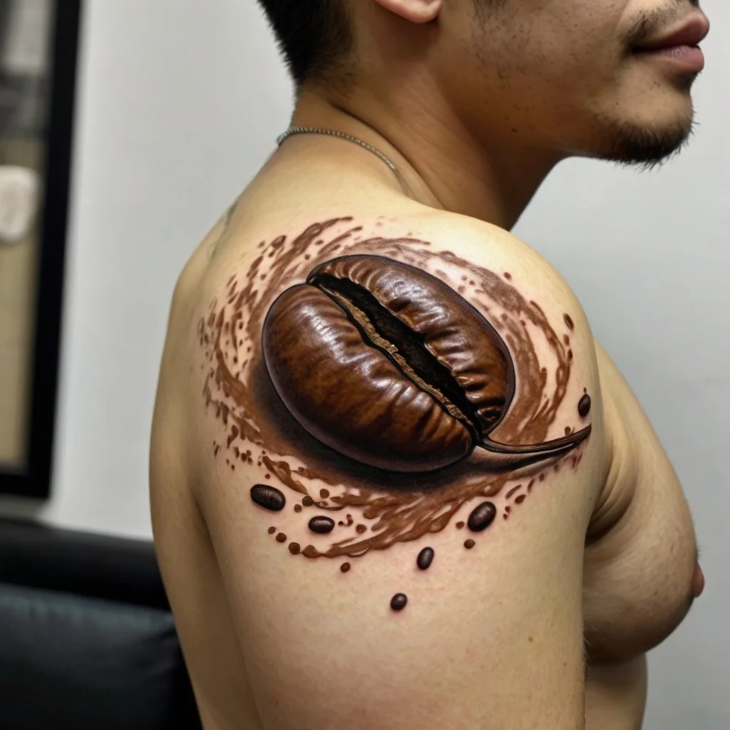 3D coffee bean tattoo on shoulder, detailed with splashes, creating a dynamic and realistic design.