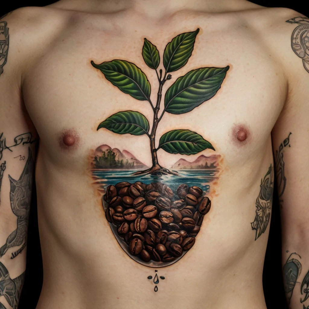 Chest tattoo of coffee plant sprouting from coffee beans, with a scenic landscape and water in the background.