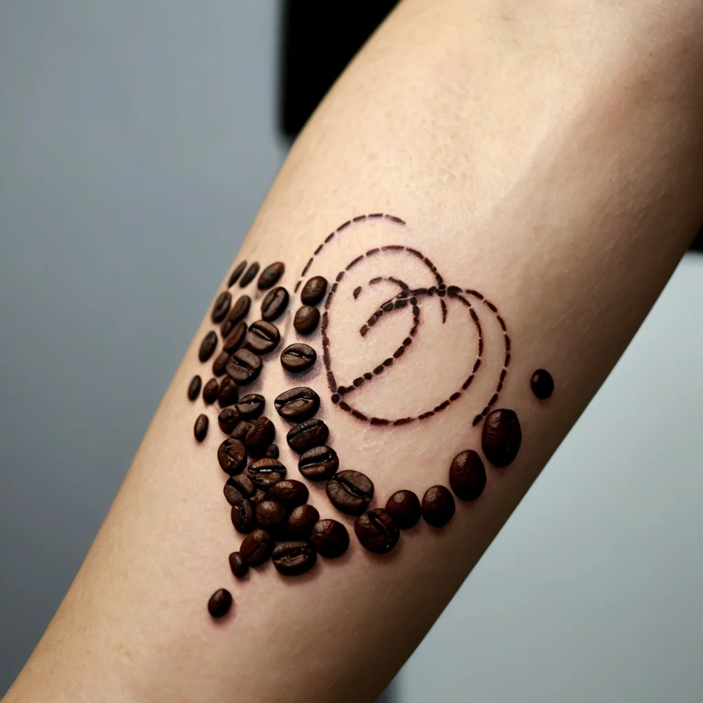 Tattoo of spiraled hearts formed by dotted lines, surrounded by scattered realistic coffee beans on the forearm.