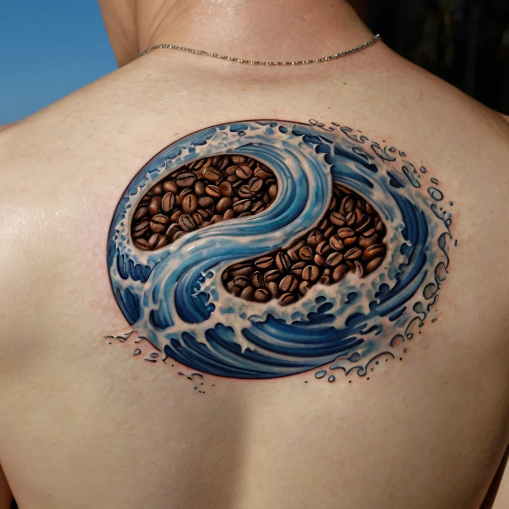 Yin-yang tattoo with swirling blue water and brown coffee beans, symbolizing balance between calm and energy.