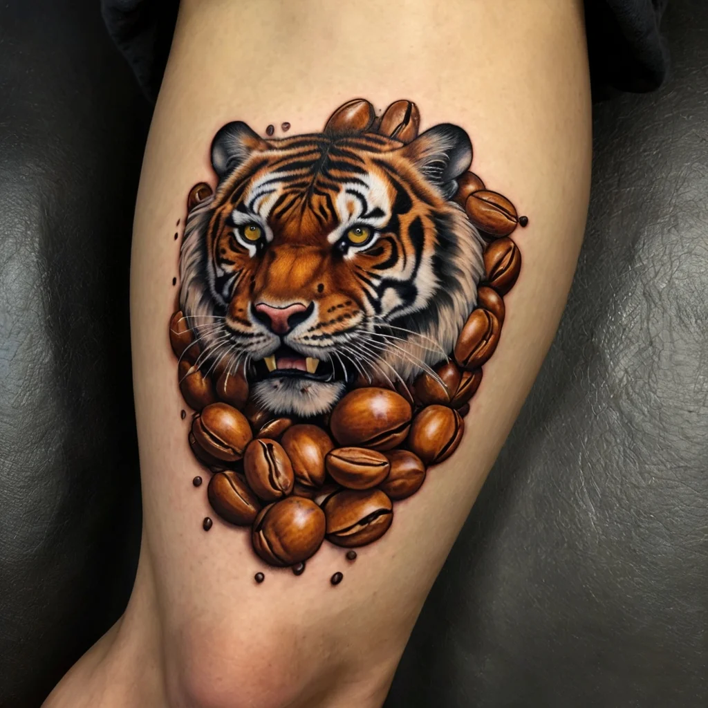 A realistic tiger head with vibrant eyes, surrounded by detailed coffee beans, creating a bold and unique design.