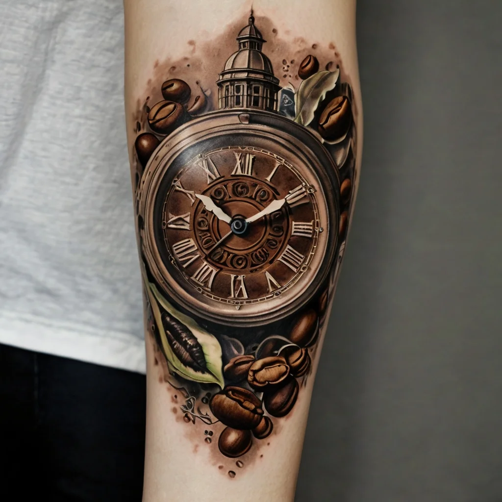 A detailed pocket watch with Roman numerals entwined with coffee beans and leaves, topped by an ornate dome structure.