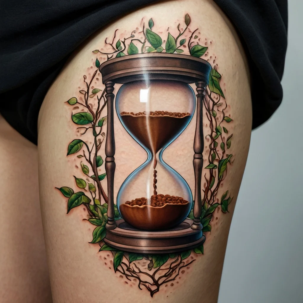 Realistic hourglass tattoo with flowing sand, surrounded by vines and leaves, symbolizing time and nature's cycle.