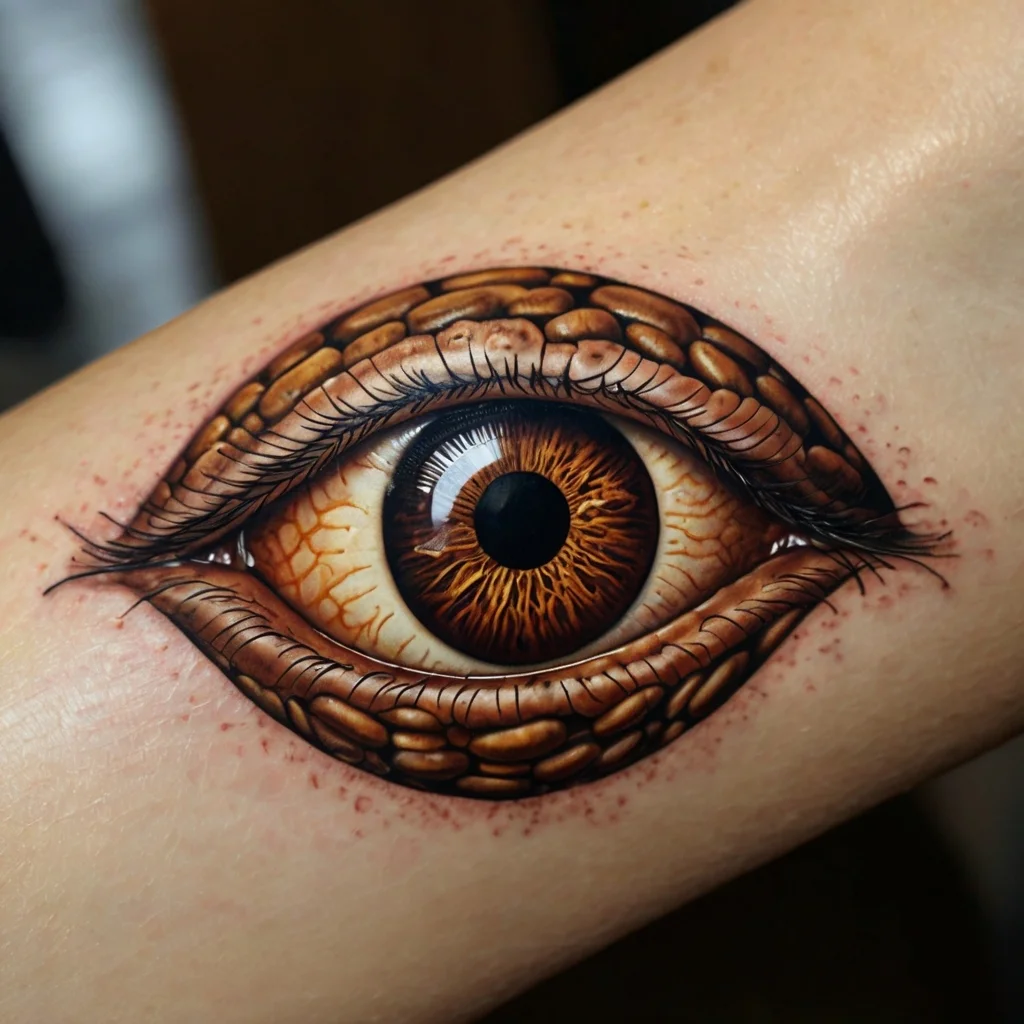 Hyper-realistic eye tattoo with detailed brown iris, textured skin, and lifelike shading creating a 3D effect.