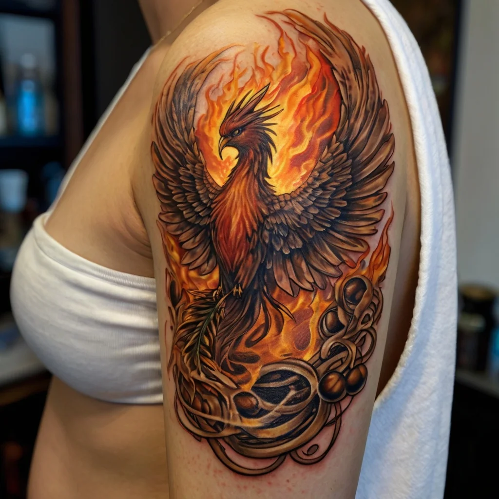 Vivid phoenix tattoo with fiery plumage rising from flames, symbolizing rebirth and strength on upper arm.