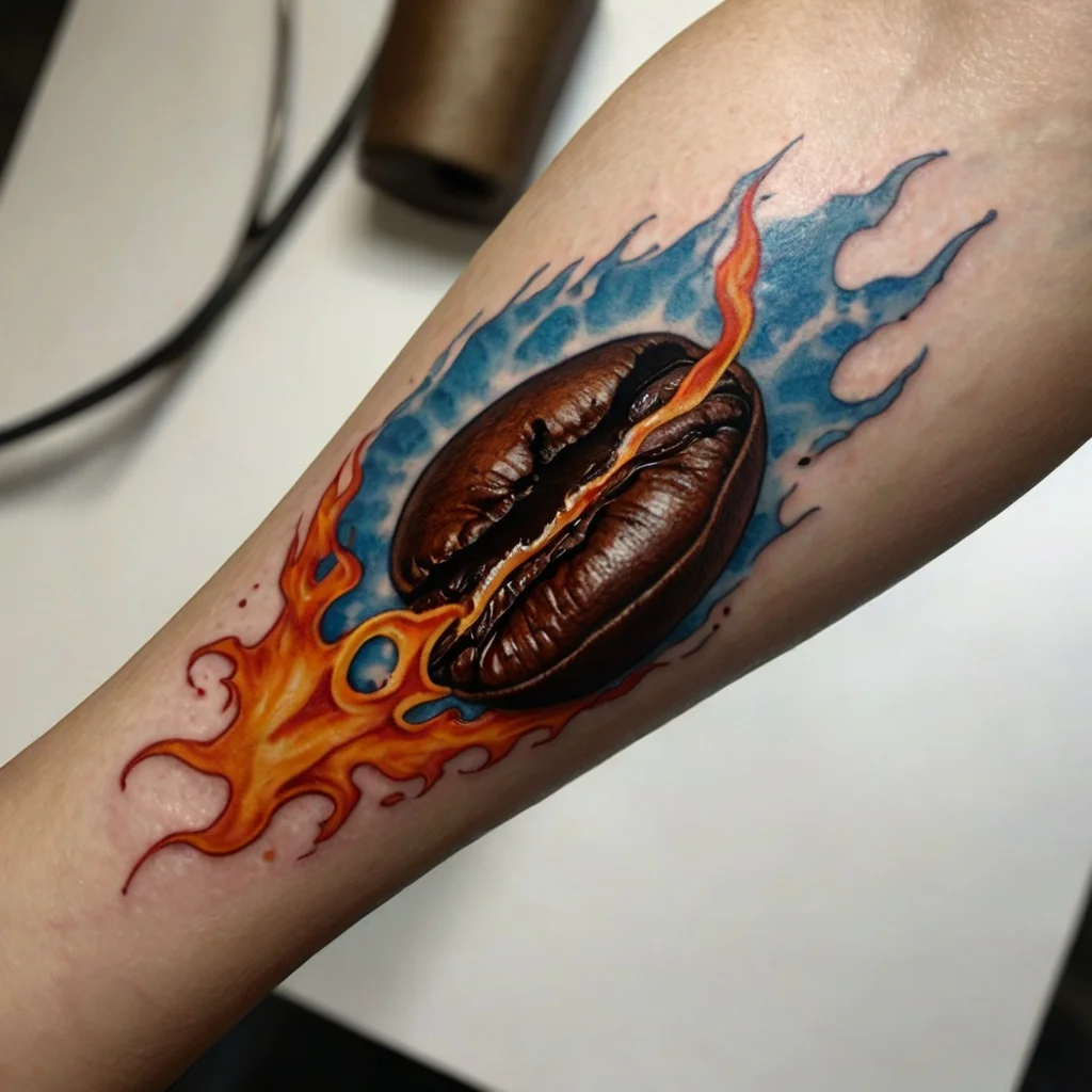 Tattoo of a realistic coffee bean with vibrant flames and blue accents, symbolizing energy and passion for coffee.