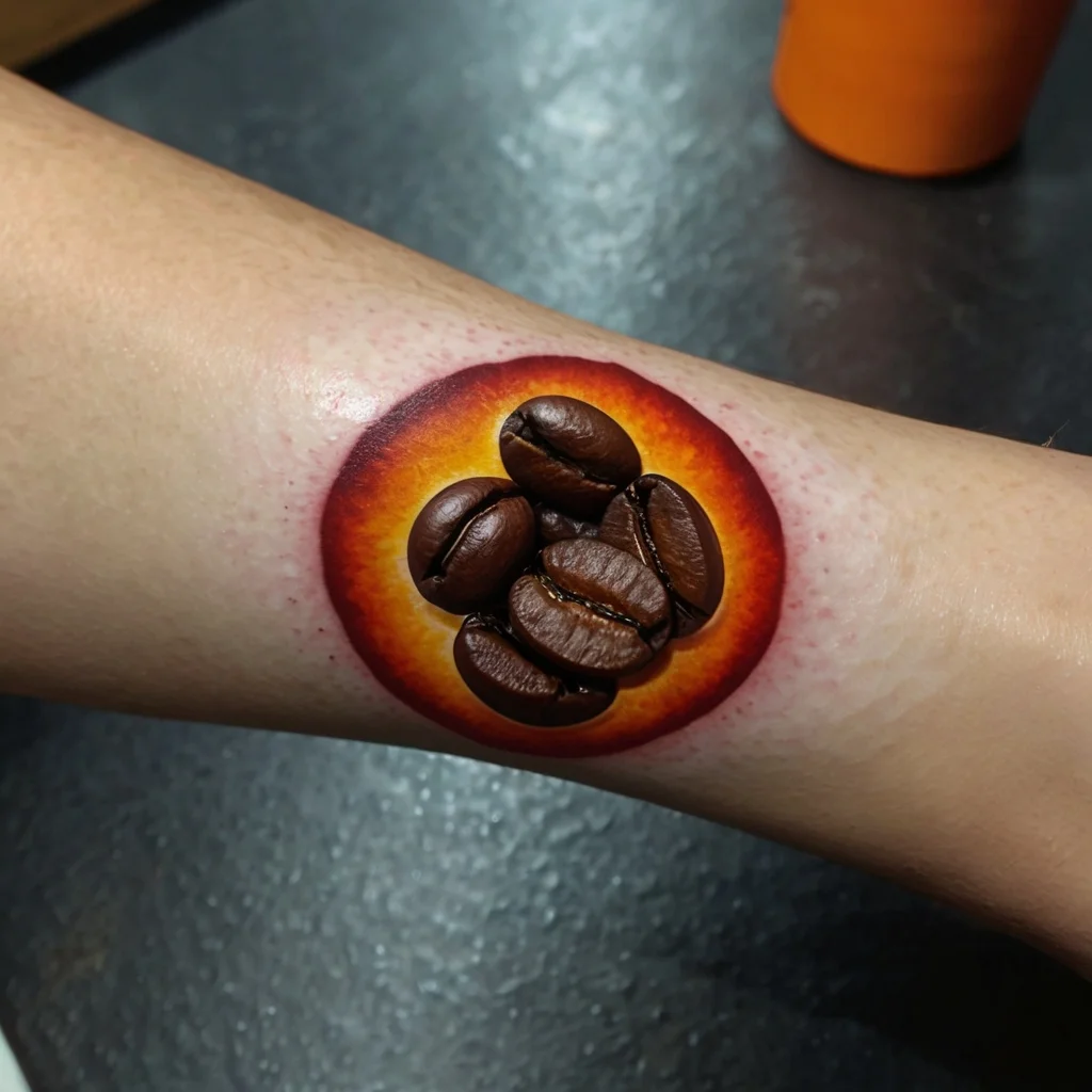 Hyper-realistic coffee beans tattoo with a vibrant red and orange gradient circle, creating a 3D effect on the skin.