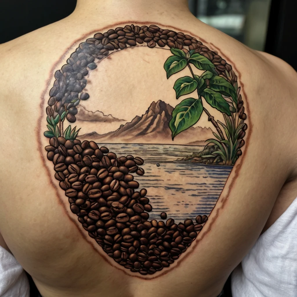 Back tattoo featuring coffee beans, branches, and leaves framing a serene mountain and lake landscape.