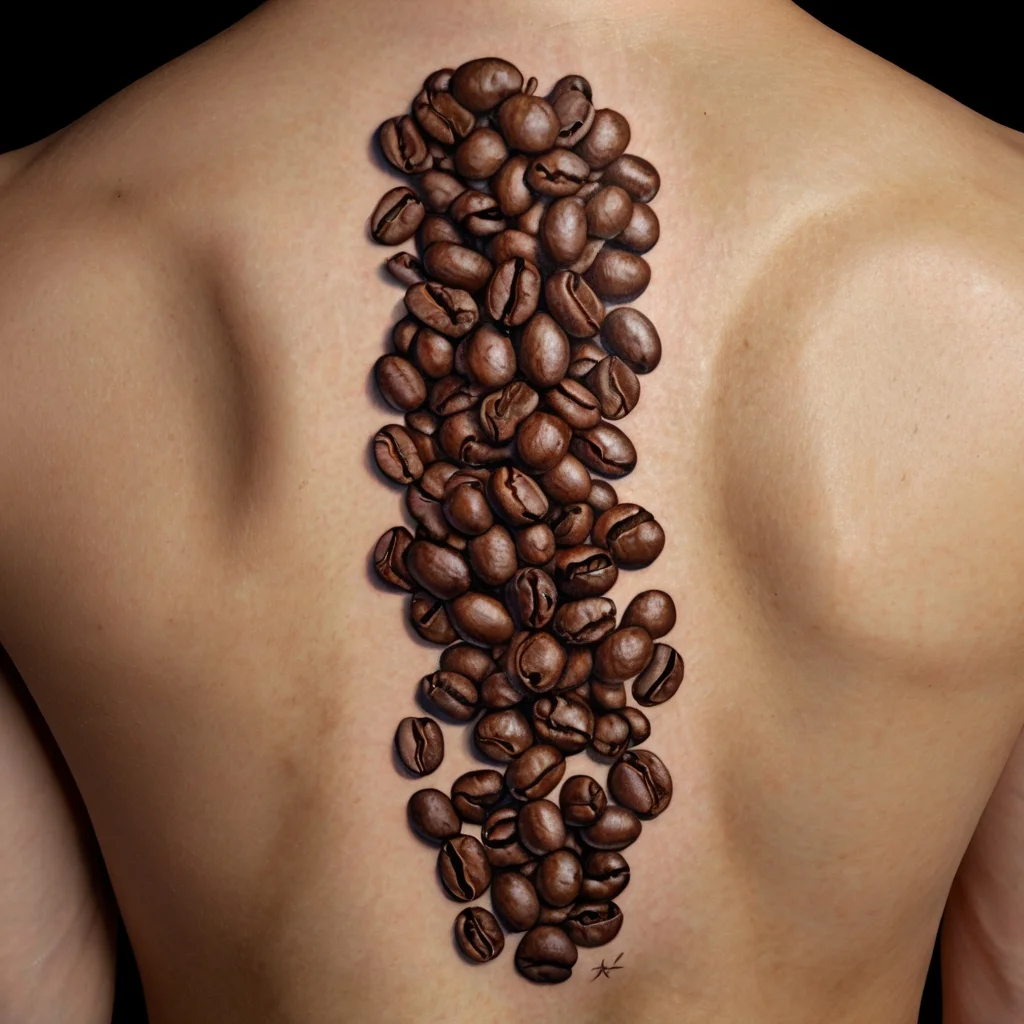 Tattoo of realistic coffee beans cascades down the spine, creating a textured, lifelike effect in rich browns.