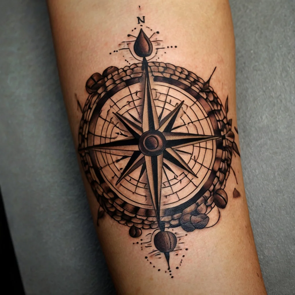 Intricate black and grey compass tattoo with a 3D effect, adorned with nautical symbols and dotwork accents.