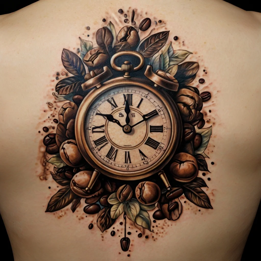 A vintage clock tattoo with Roman numerals, surrounded by detailed coffee beans and leaves, symbolizing time and nature.