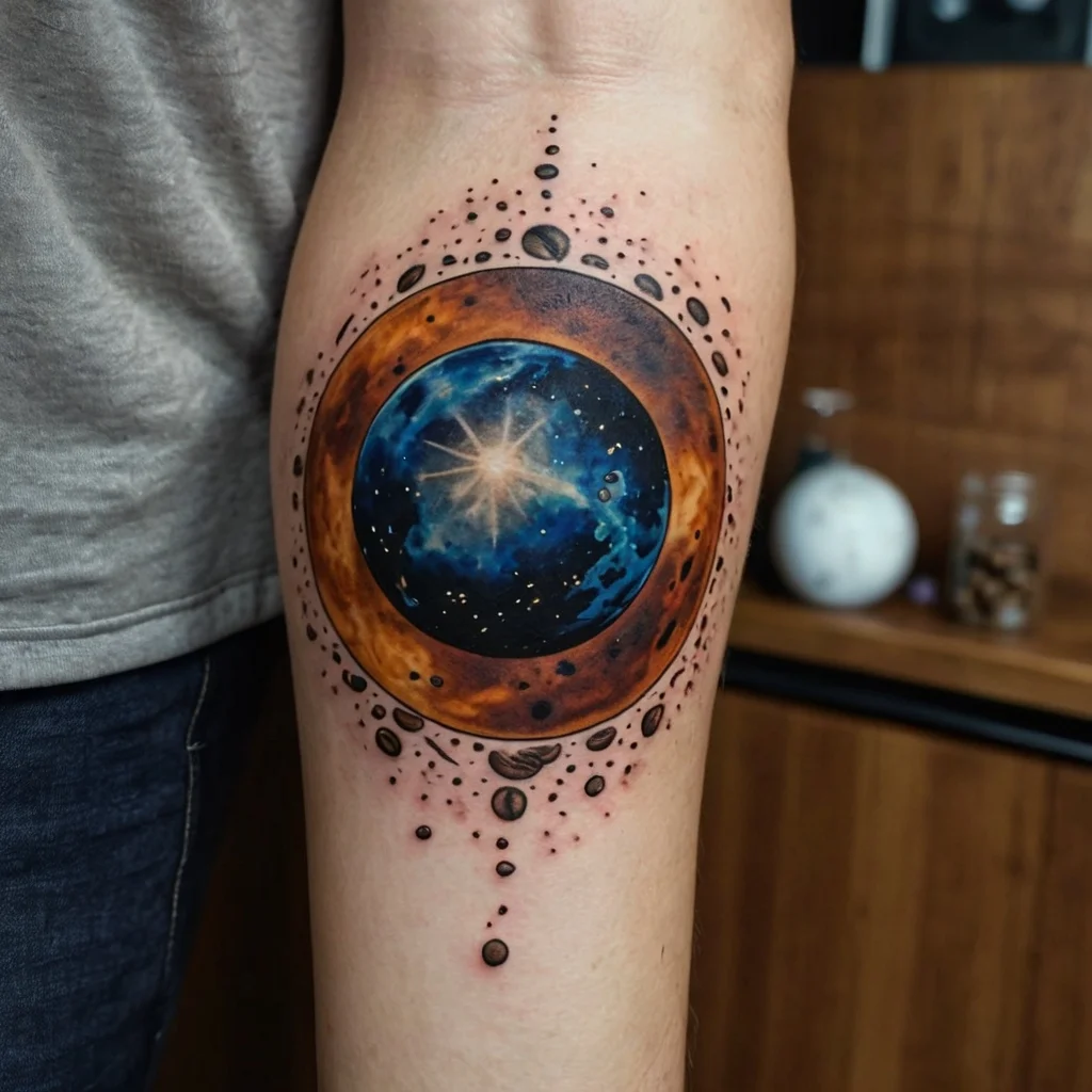 Round galaxy tattoo with a vibrant blue nebula and starburst, encased in a textured orange ring, with cosmic dots.