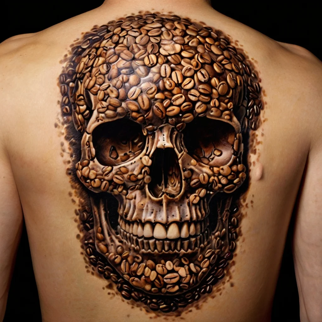 Tattoo of a skull made from coffee beans, covering the back. Rich detail with lifelike shading and texture.