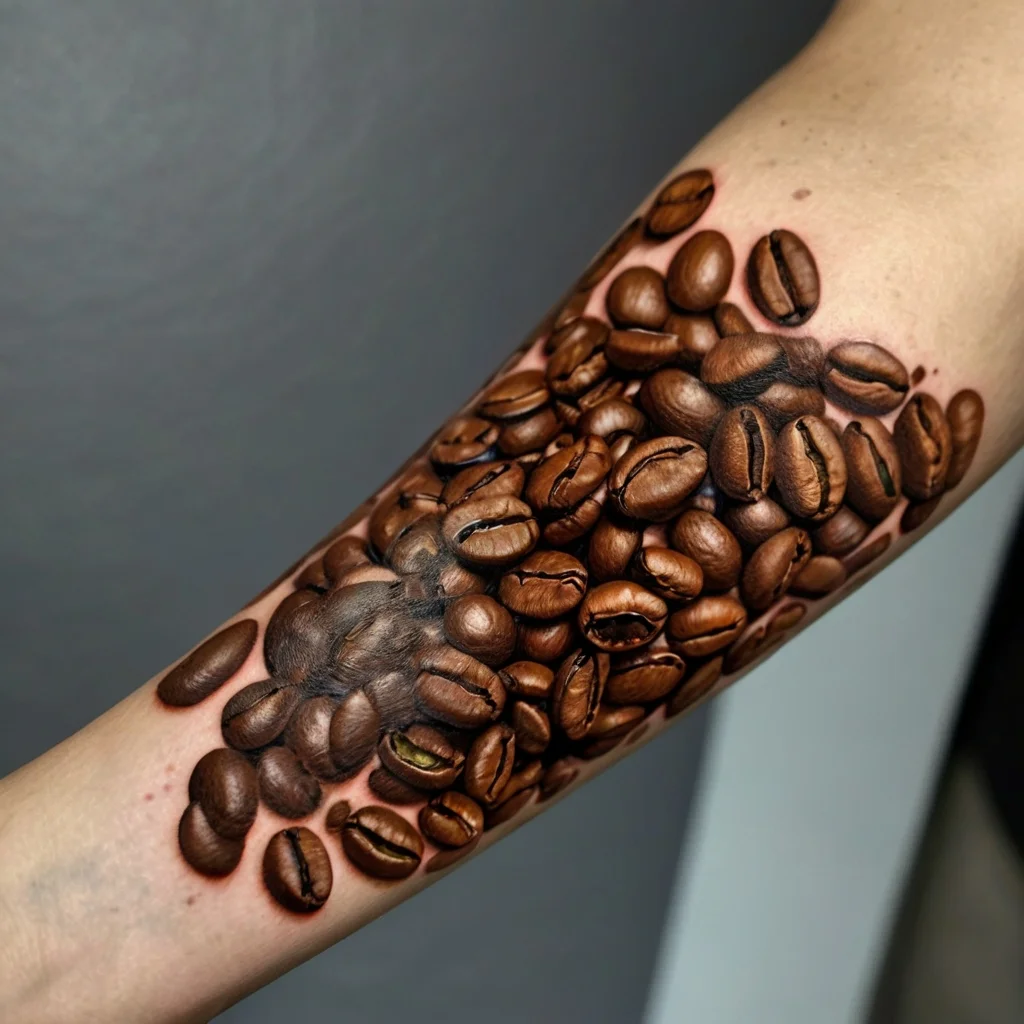 Realistic tattoo of scattered brown coffee beans, detailed with shadows, covering the forearm for a dynamic effect.