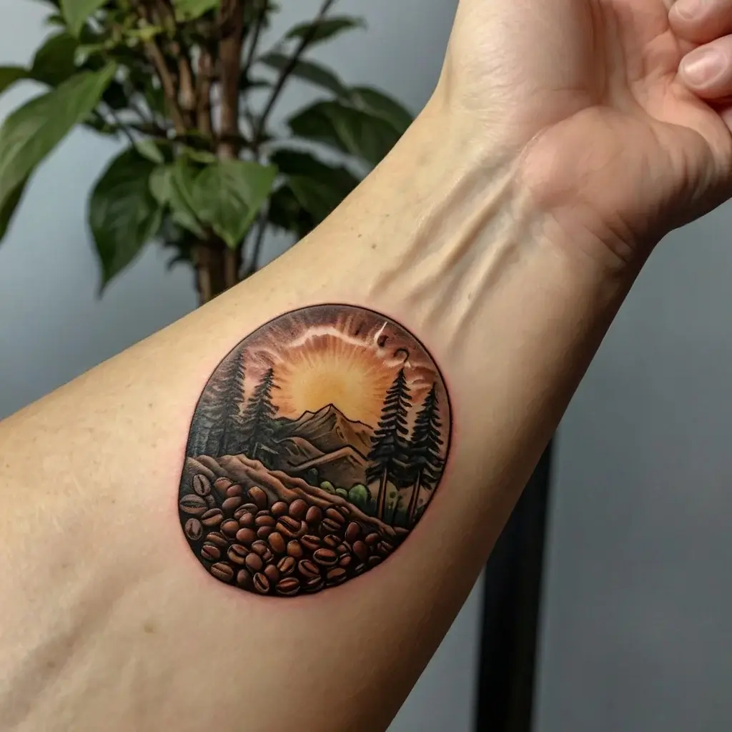 Tattoo of mountains and trees under an orange sky, with coffee beans in the foreground, symbolizing nature and energy.