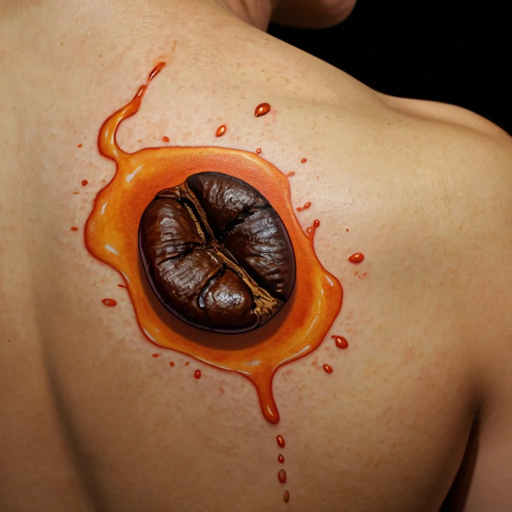 3D realistic coffee bean tattoo with vibrant orange splash detail on the shoulder, creating a dynamic, lively effect.