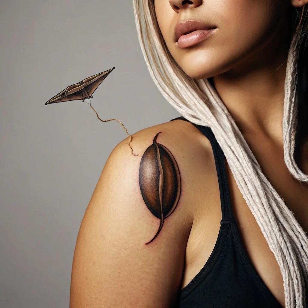 Tattoo shows a 3D coffee bean splitting, releasing an origami-style bird in flight from the right shoulder.