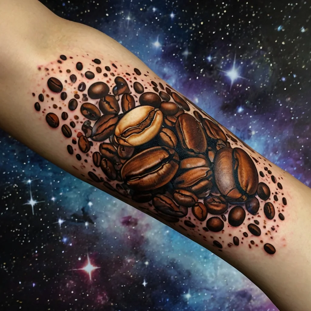 Tattoo of realistic coffee beans cascading in a cosmic background, blending love for coffee and the universe.