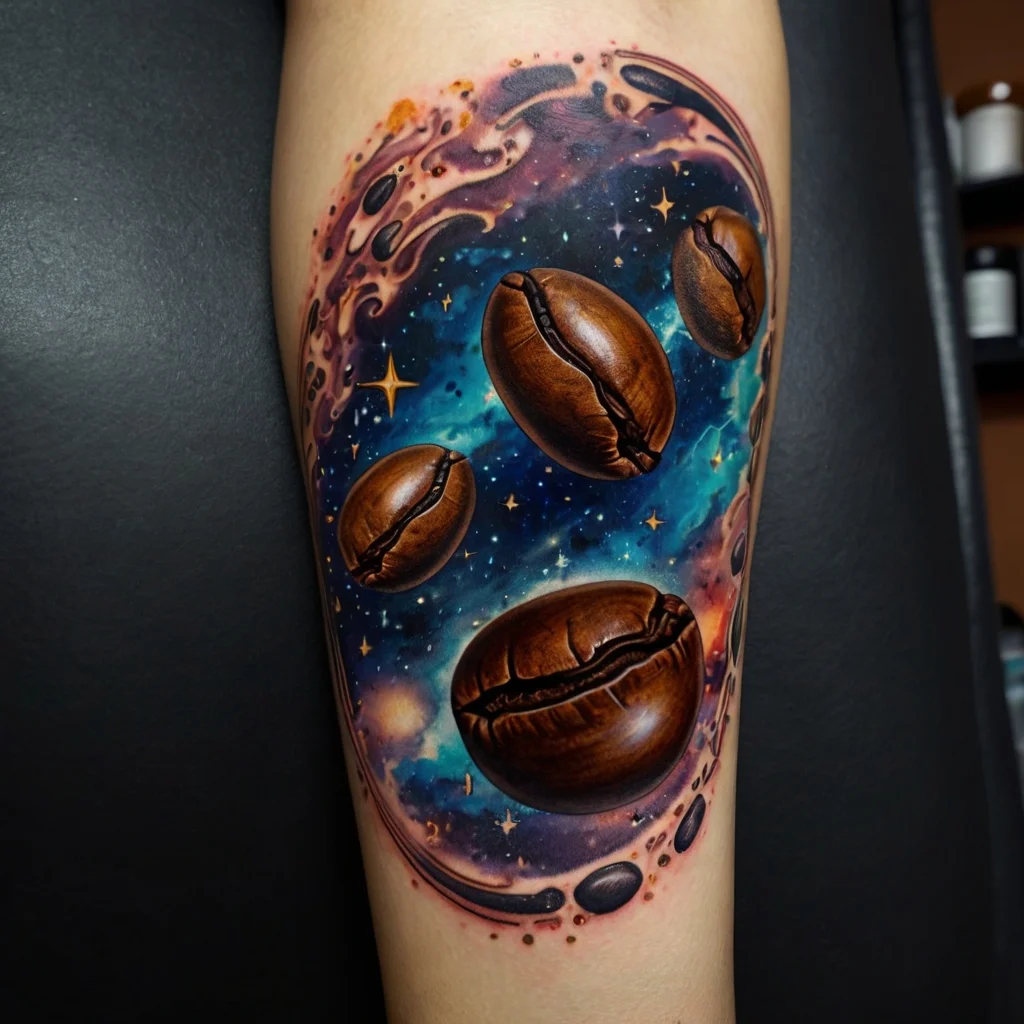 Tattoo design of realistic coffee beans floating in a cosmic scene with swirls and vivid stars, showcasing vibrant colors.