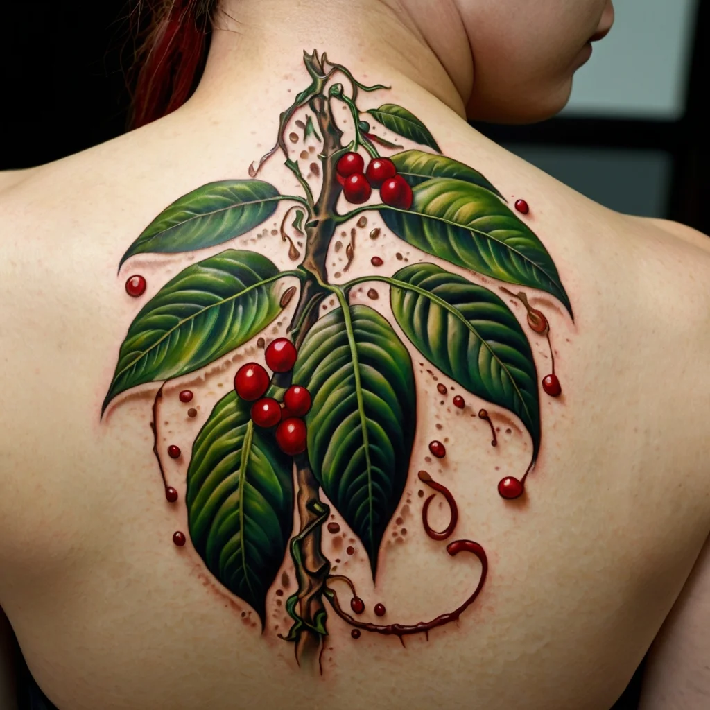 Realistic coffee plant tattoo with vibrant green leaves and red cherries on the upper back, creating a natural look.