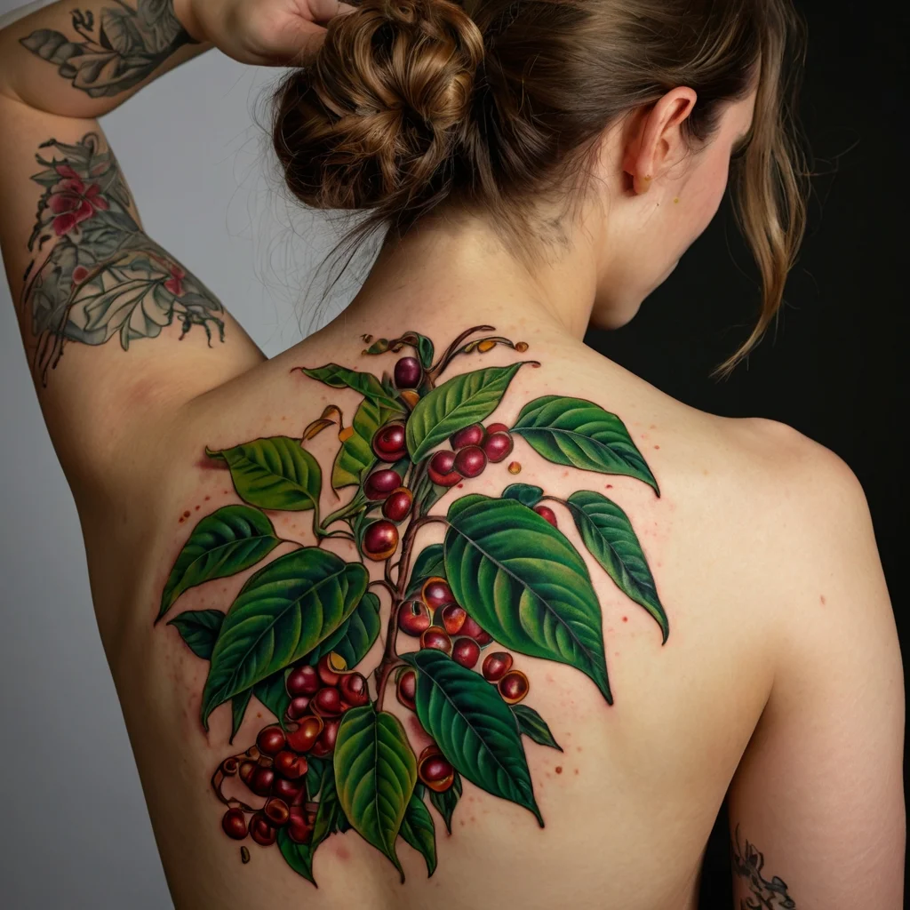 Intricate back tattoo of a coffee plant with vibrant green leaves and red cherries, symbolizing growth and energy.