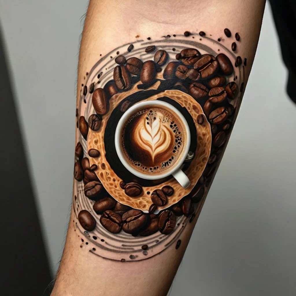 Tattoo of a coffee cup with latte art, surrounded by swirling coffee beans in a realistic 3D design on the forearm.