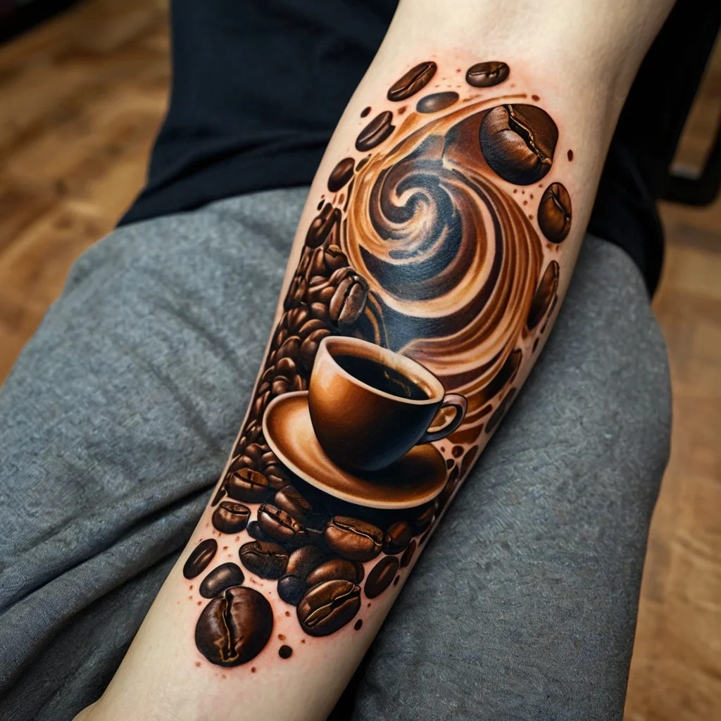 Tattoo of a steaming coffee cup surrounded by swirling coffee beans, blending realism with dynamic, fluid motion.