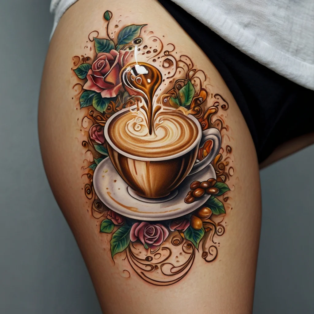 Tattoo of a coffee cup with swirling latte art, surrounded by roses and coffee beans, adorned with ornate details.