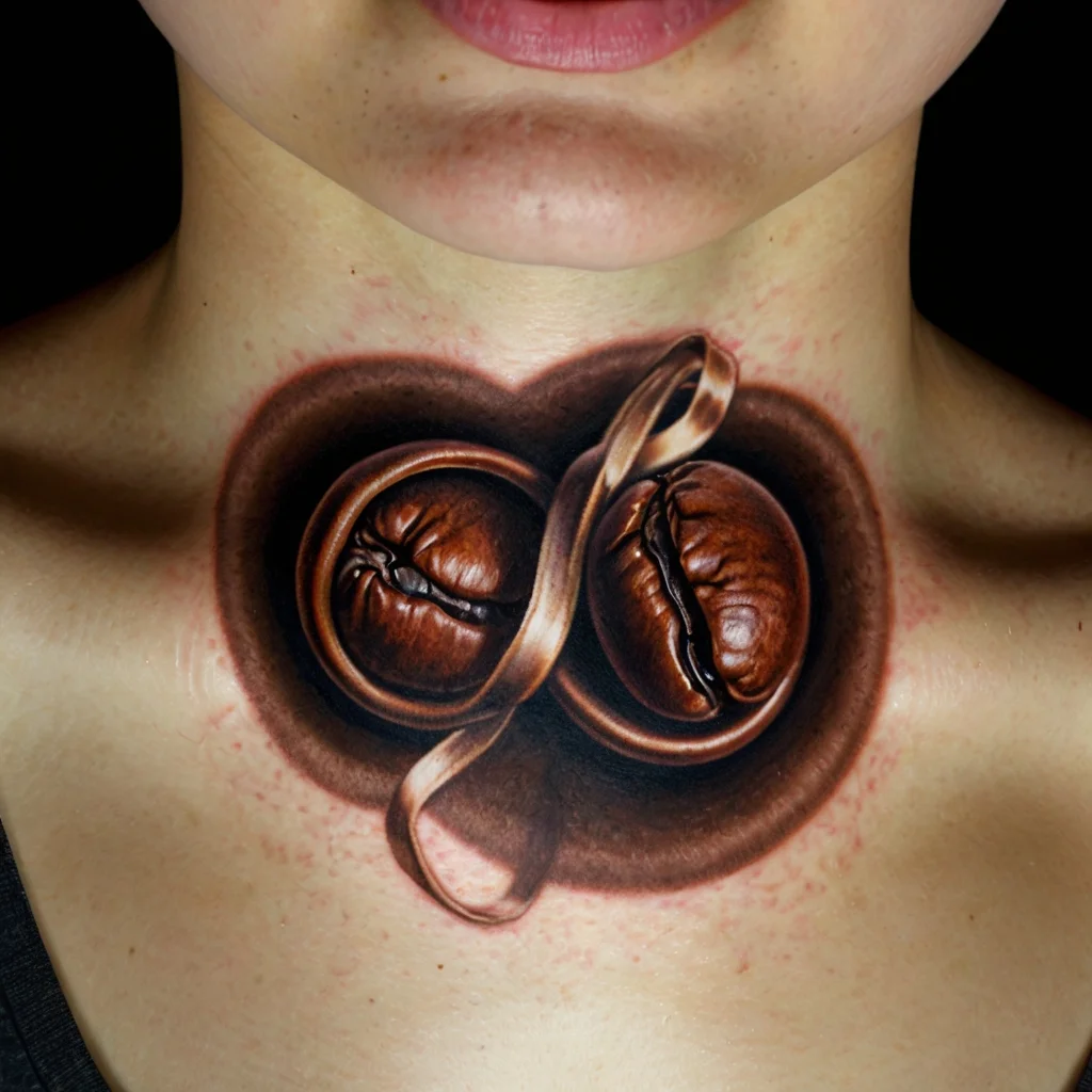 Realistic tattoo of two coffee beans with a ribbon around them, centered on the neck, symbolizing warmth and passion.