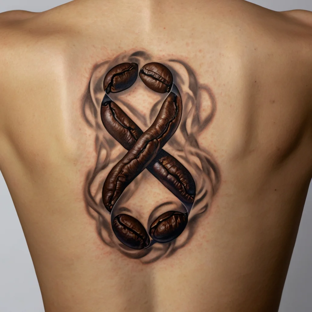 Realistic coffee bean infinity tattoo with brown hues and shadow detailing on the back, symbolizing eternal passion for coffee.