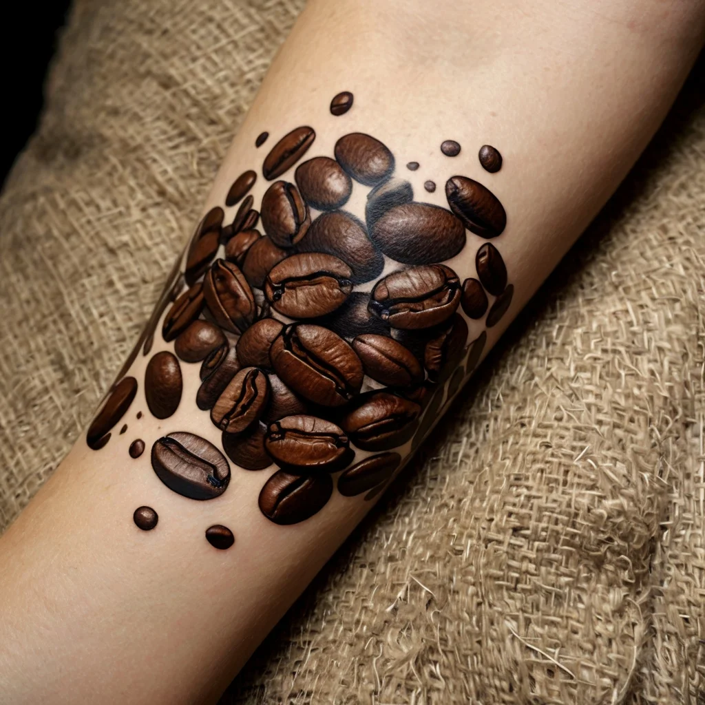 Realistic coffee beans tattoo on forearm, featuring rich brown shades and intricate shading for a 3D effect.