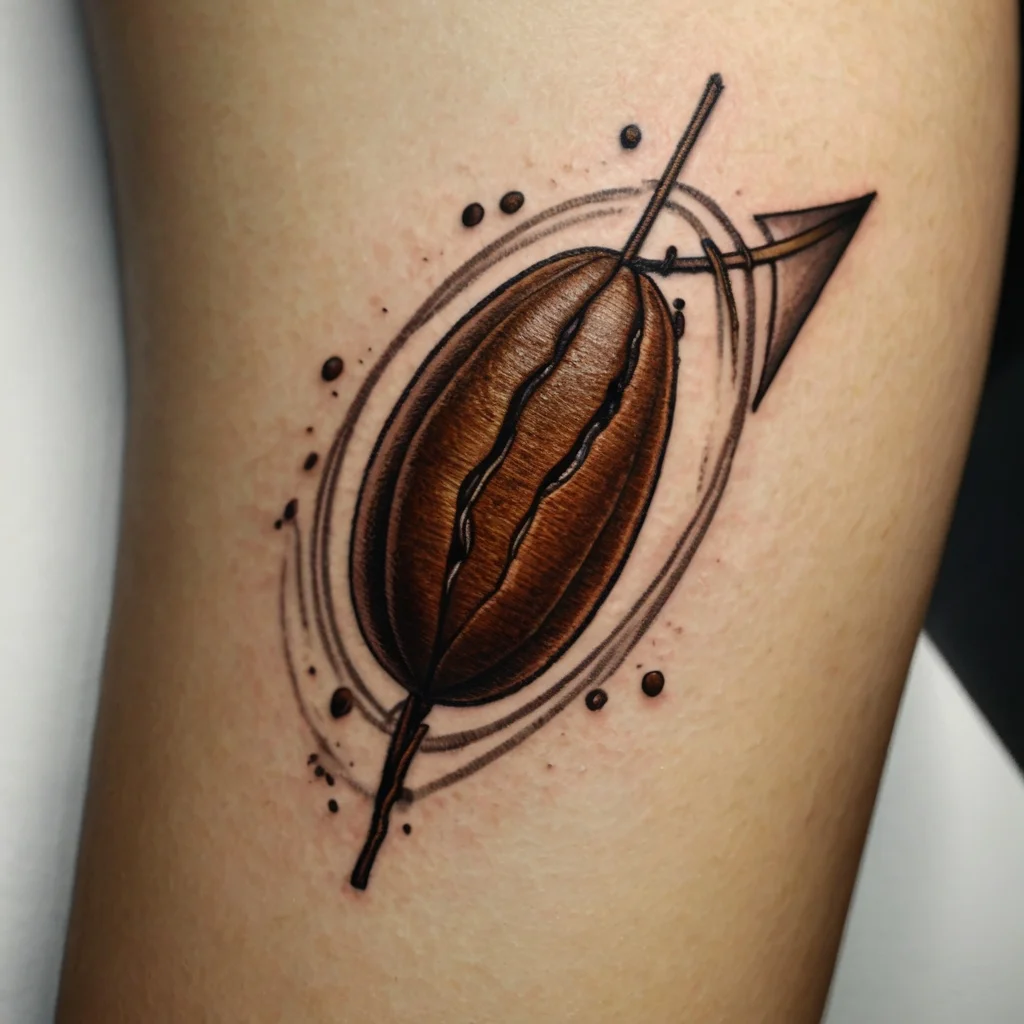 3D coffee bean tattoo with detailed shading, an arrow piercing through, surrounded by abstract circles and dots.