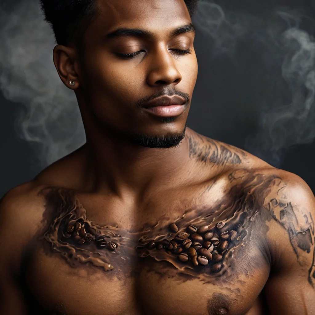 Tattoo of realistic coffee beans cascading across the chest, with swirling steam details, blending into shoulder art.