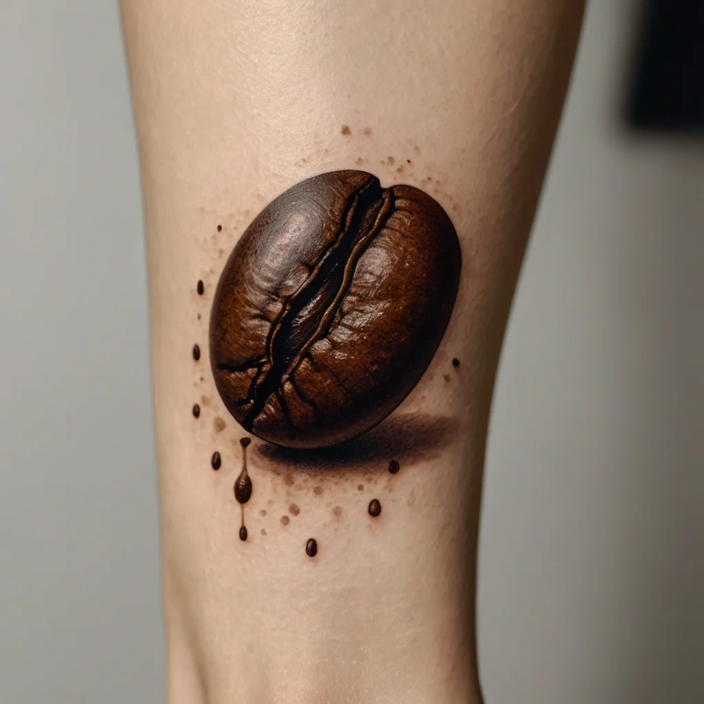 Realistic coffee bean tattoo with detailed shading and splatter effects, creating a vibrant, life-like appearance.