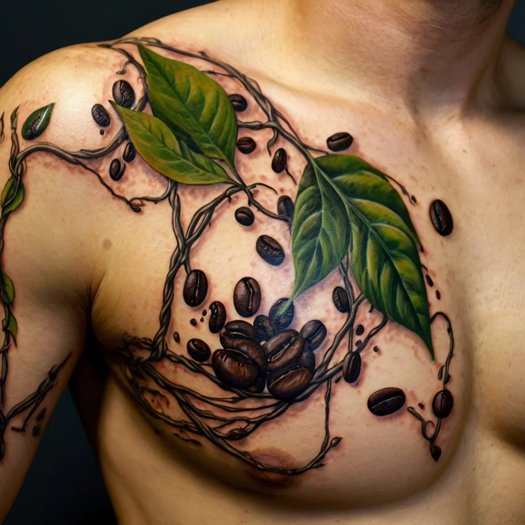 Tattoo of swirling coffee beans and detailed green leaves on the chest, woven through with delicate vine branches.