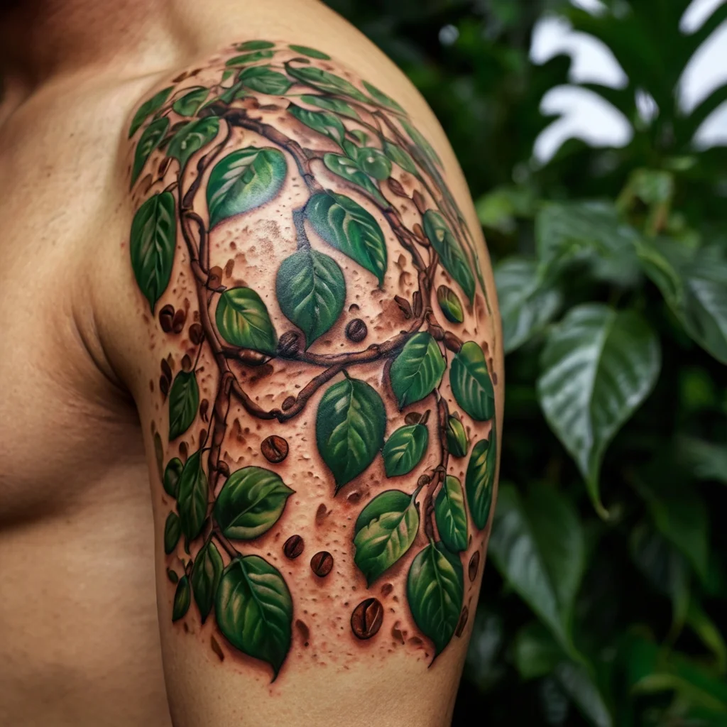 Realistic tattoo of green leaves and vines with a textured background on the upper arm, depicting nature's growth.