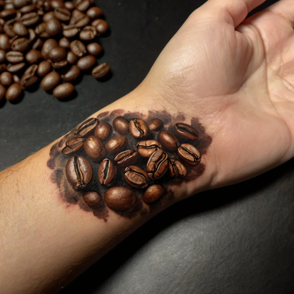 Hyperrealistic coffee beans tattoo on wrist, creating a 3D effect with rich brown tones and precise shading.