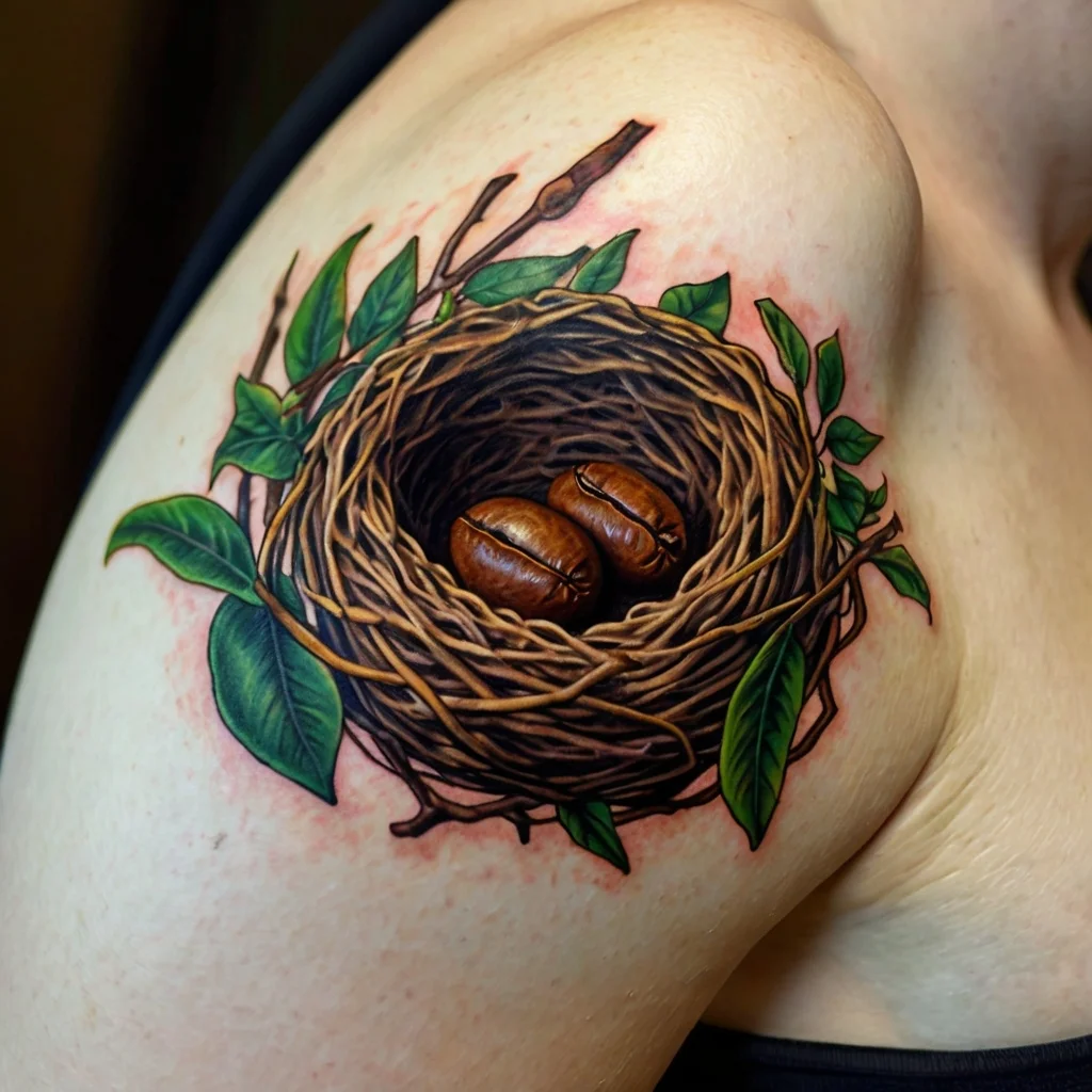 A tattoo of a realistic bird's nest with two coffee beans inside, surrounded by leafy branches on the shoulder.