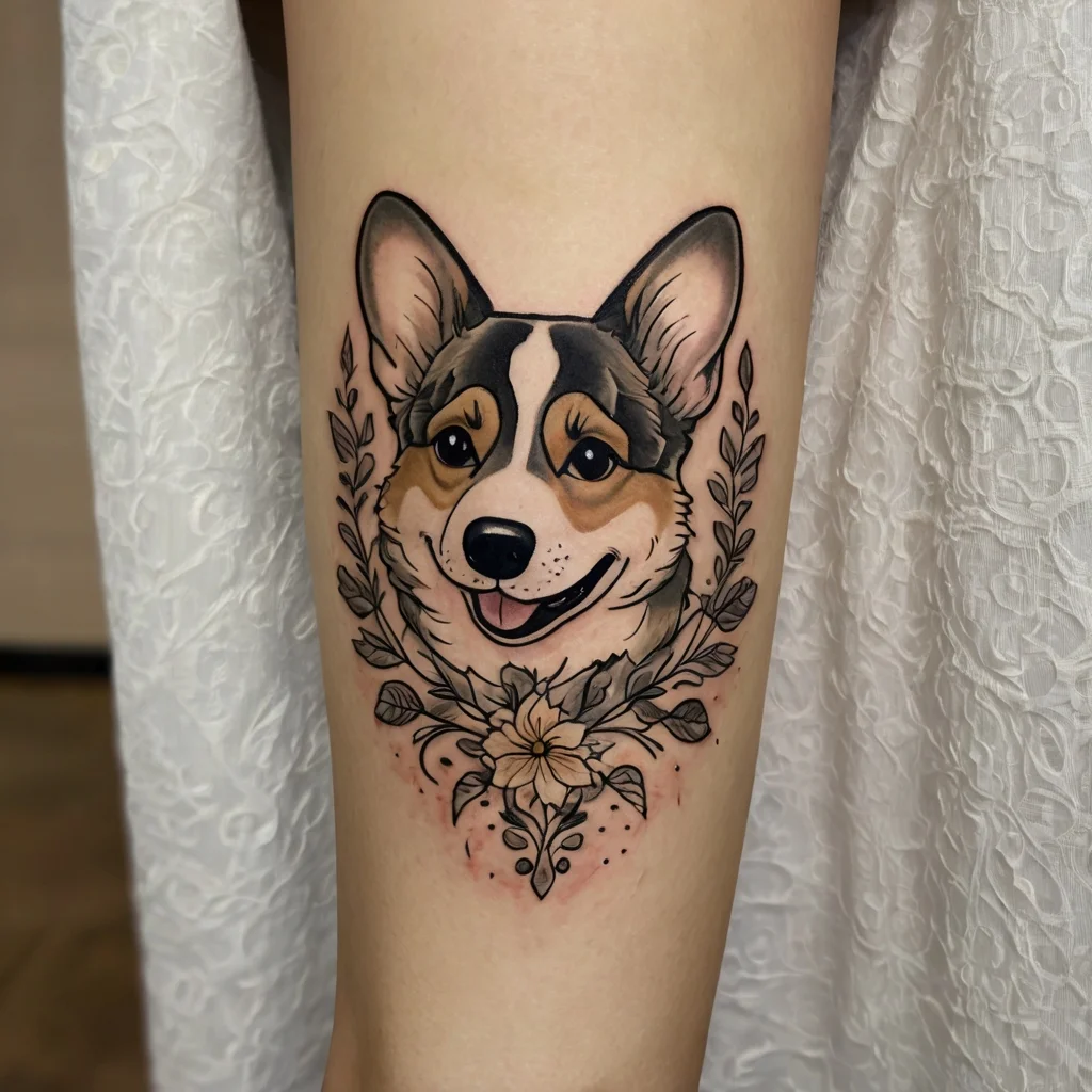 Tattoo of a smiling dog framed by delicate leaves and a blooming flower, detailed with soft colors and fine lines.