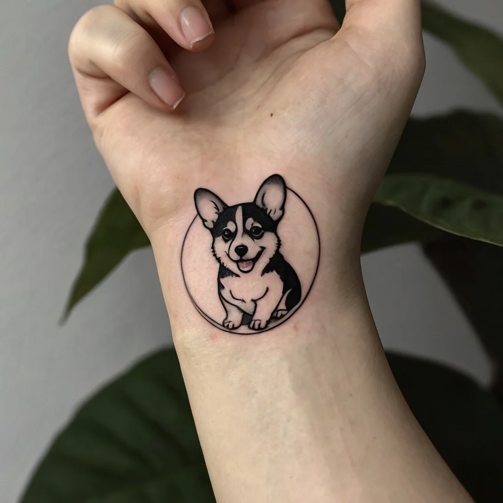 A cute Corgi tattoo in black and gray, set within a circle on the wrist, showcasing its playful expression and perky ears.