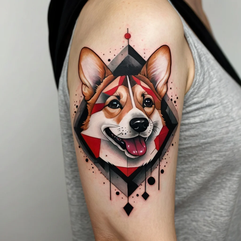 A colorful geometric tattoo of a corgi's face, incorporating red and black abstract shapes on the upper arm.