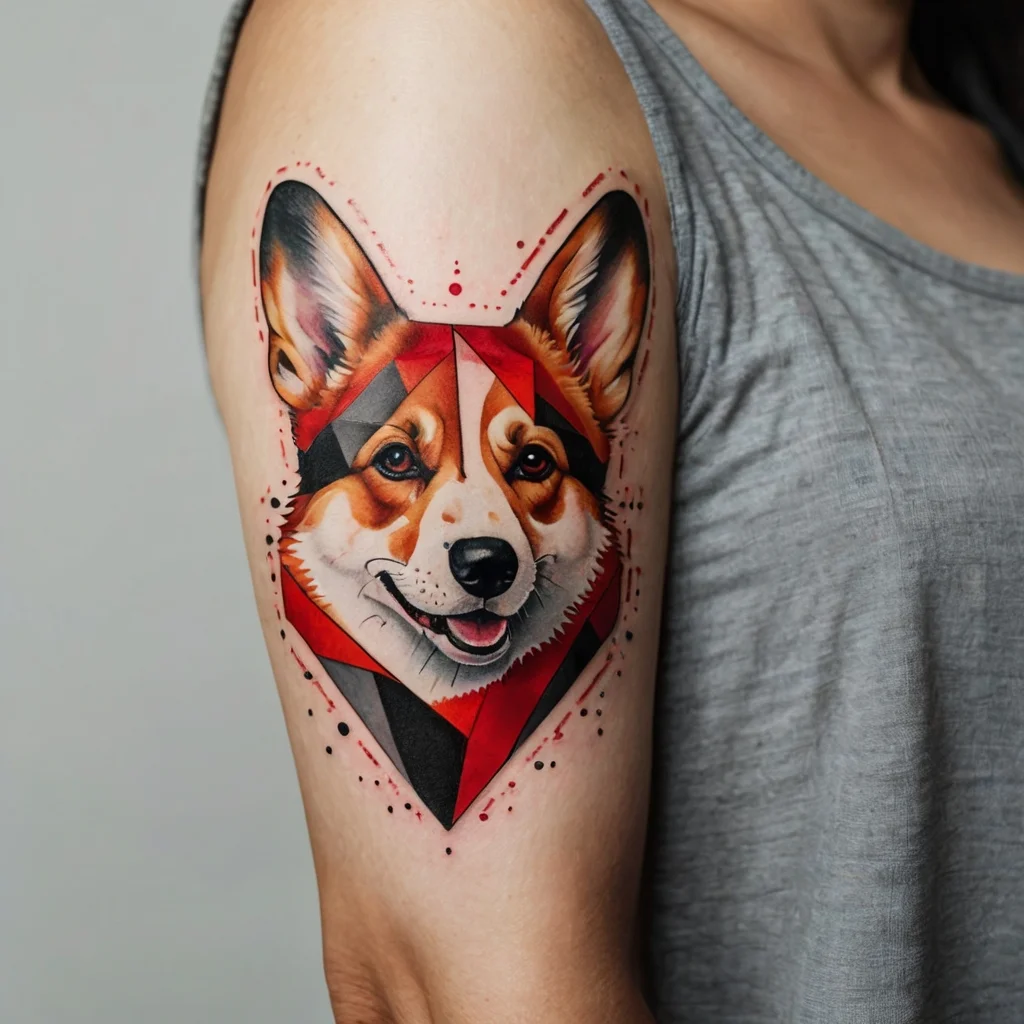 Geometric corgi tattoo with vibrant red, black, and natural tones, featuring detailed shading and bold outlines on the arm.