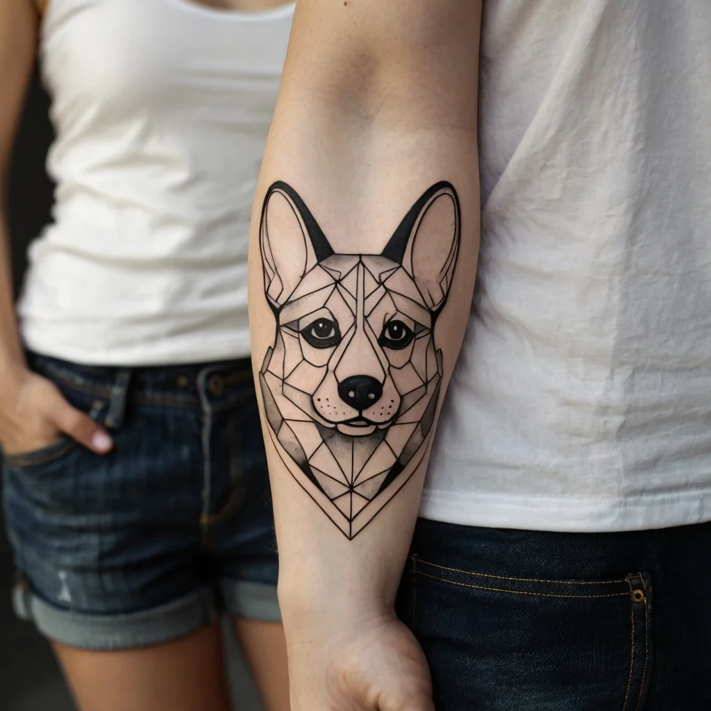 Geometric tattoo featuring a dog's face with bold lines and shading, blending contemporary and minimalist styles.