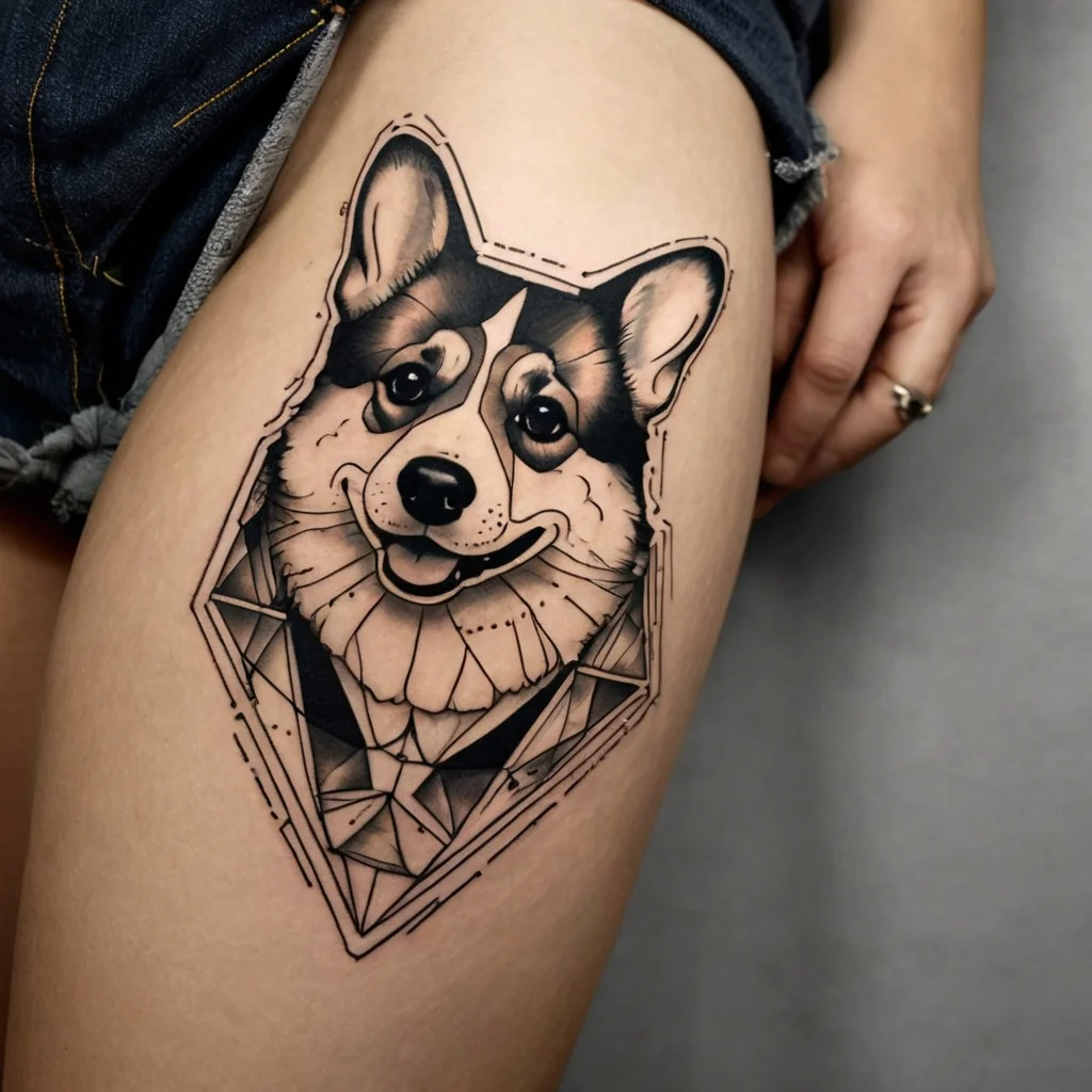 Geometric Corgi tattoo on thigh, showcasing intricate line work and shading, blending realism with abstract elements.